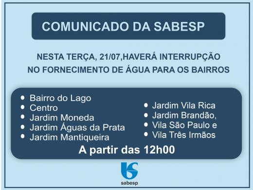 SABESP INFORMA FALTA D’ÁGUA PROGRAMADA EM VÁRIOS BAIRROS NA TERÇA